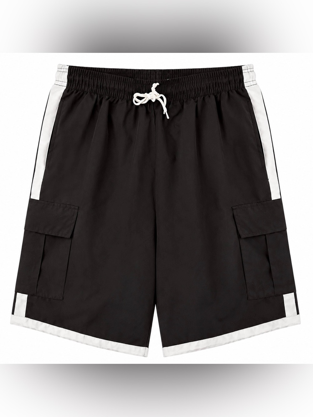 Black Men's Cargo Swim Trunks with White Trim - Elastic Waist